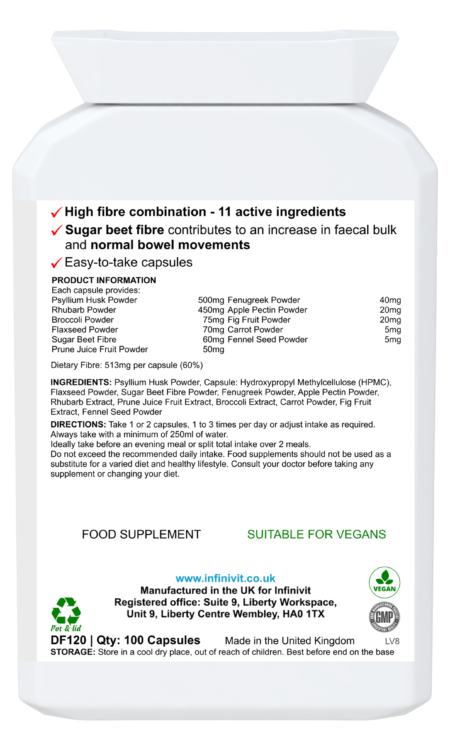 Back side of the pot displaying a details of all ingredients, nutritional information and usage instruction, all arranged on a white background.